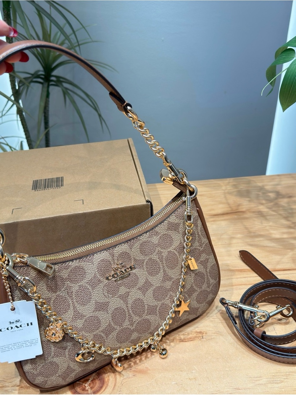 Coach Brown Signature Canvas Chain Charm Shoulder Bag with Gold Hardware